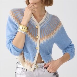 J.Crew Fair Isle Cardigan Alpaca Sweater Brushed Yarn Frosted Tundra Snow Blue M